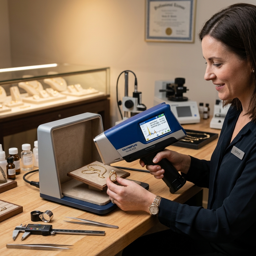 Modern gold purity testing equipment used by Jewel Castle experts
